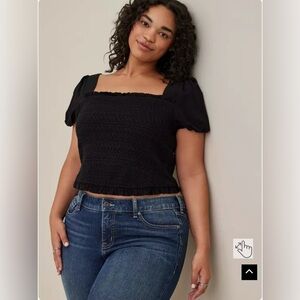 Torrid Black Smocked Puff Sleeve Crop Top Square Neck B50